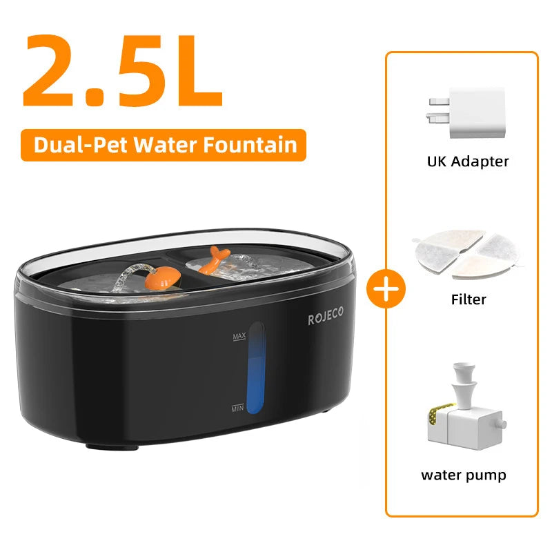 ROJECO Automatic Cat Water Fountain Dual bowls Wireless Pet
