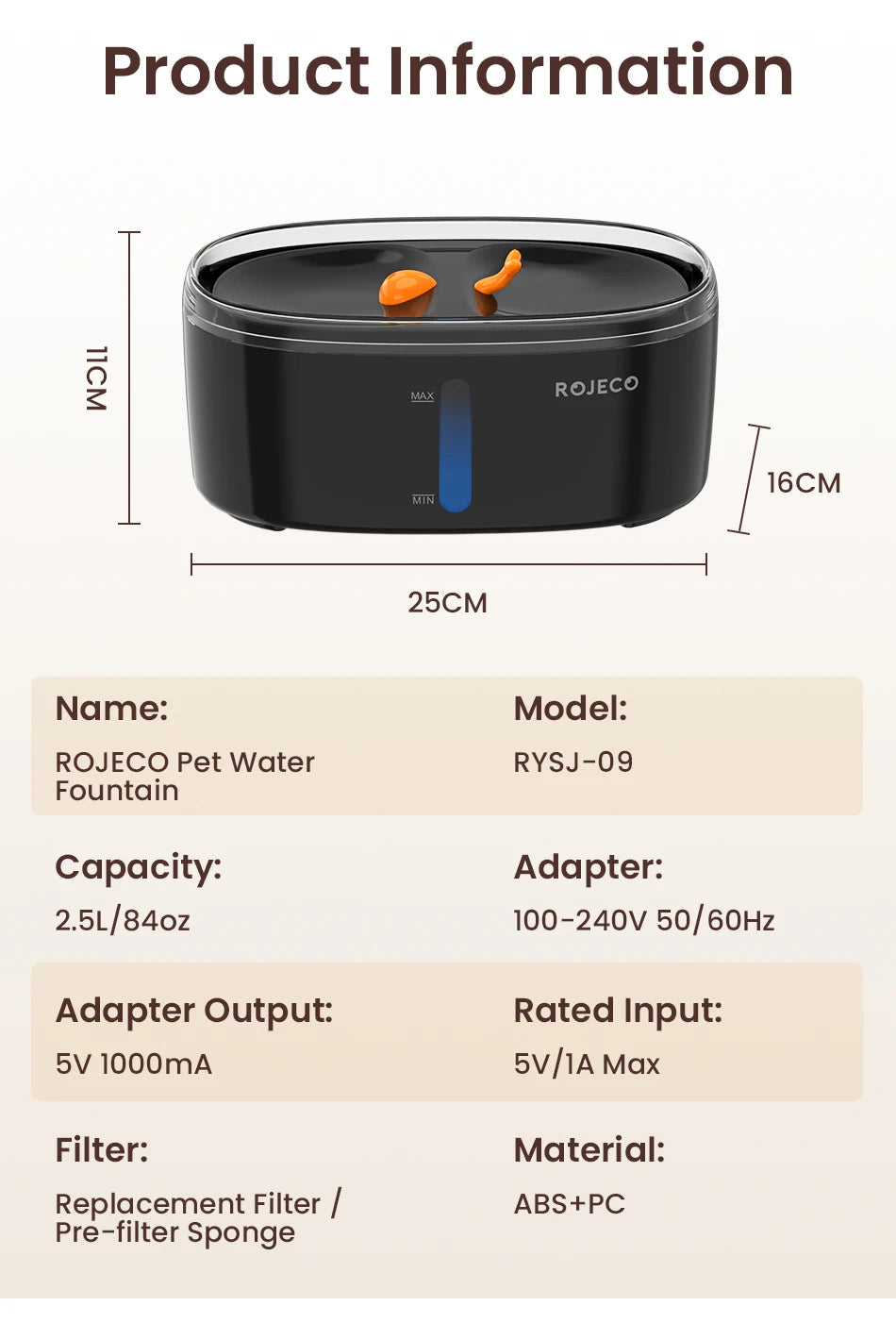 ROJECO Automatic Cat Water Fountain Dual bowls Wireless Pet
