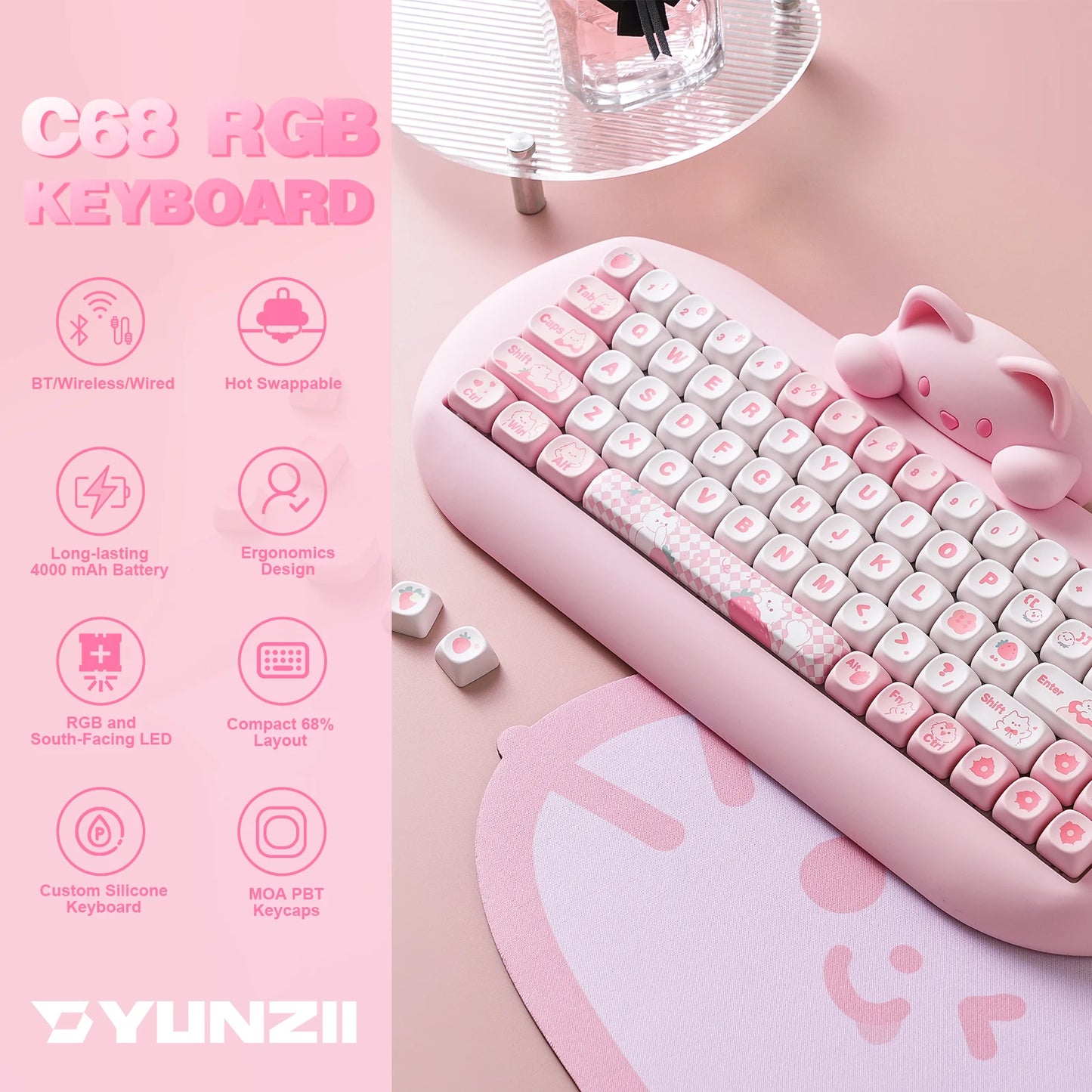 YUNZII C68 Wireless RGB Gaming Keyboard - Pink
