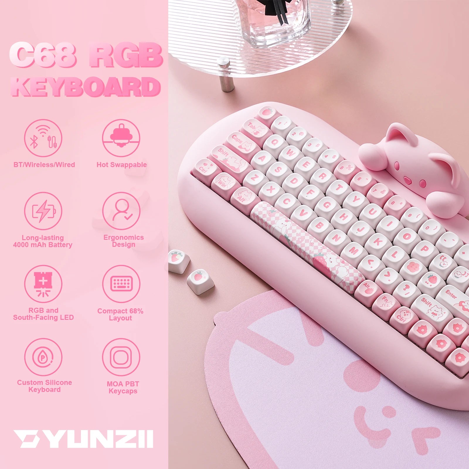 YUNZII C68 Wireless RGB Gaming Keyboard - Pink