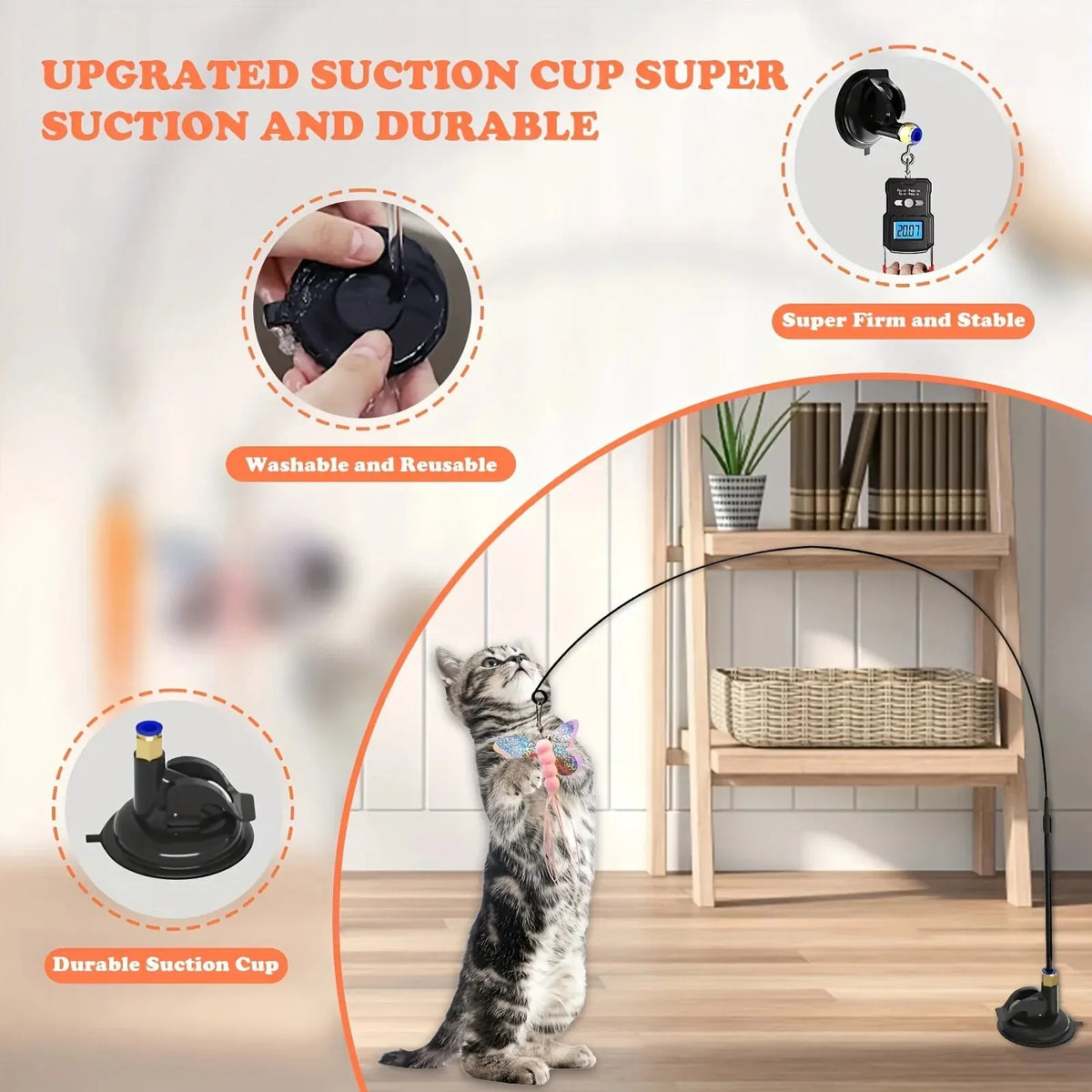 Interactive Cat Teaser Wand with Bell & Feather (Suction Base) - Pink