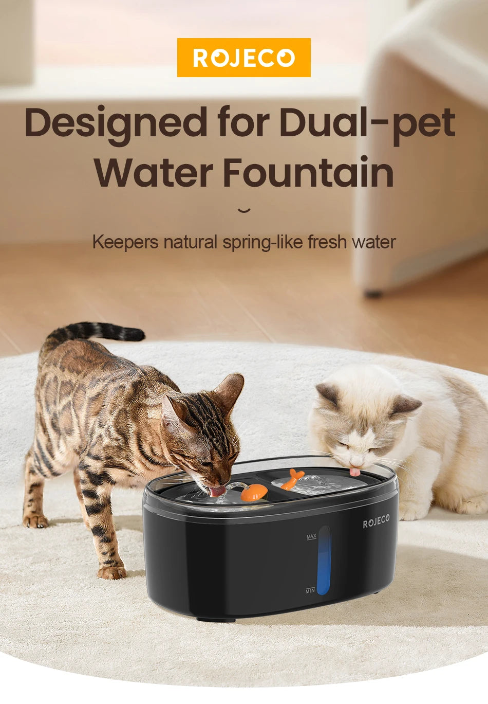 ROJECO Automatic Cat Water Fountain Dual bowls Wireless Pet