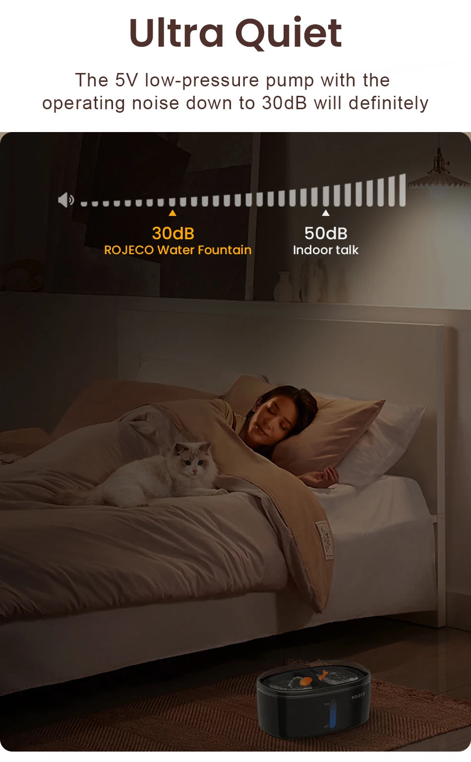 ROJECO Automatic Cat Water Fountain Dual bowls Wireless Pet