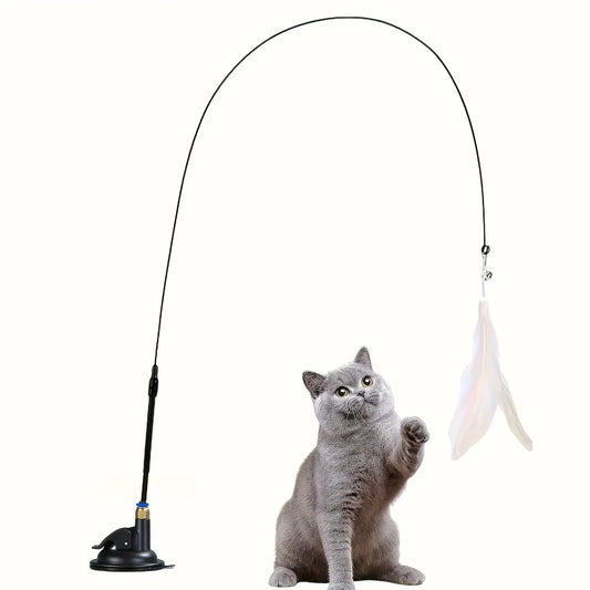 Interactive Cat Teaser Wand with Bell & Feather (Suction Base) - Black