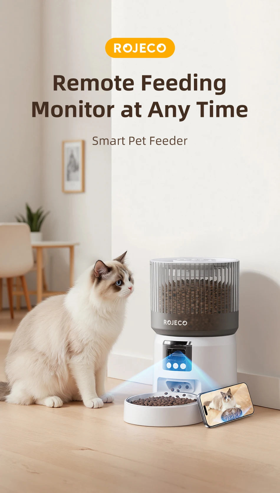 ROJECO Automatic Cat Feeder With 1080P HD Camera Video Smart Cat