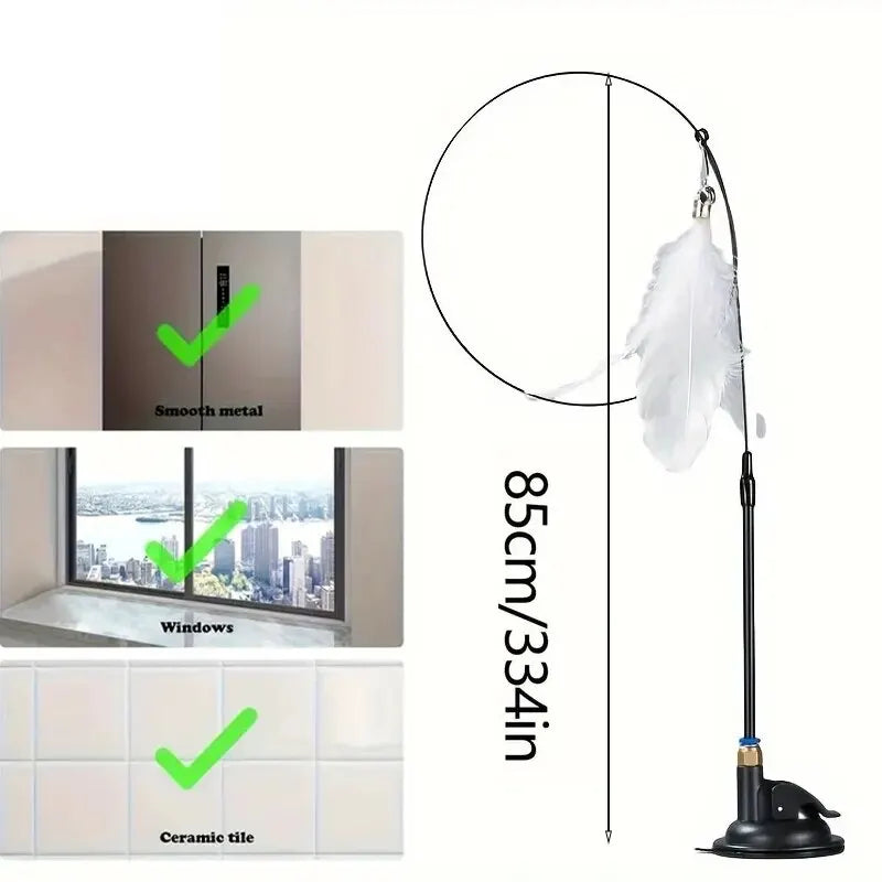Interactive Cat Teaser Wand with Bell & Feather (Suction Base) - White
