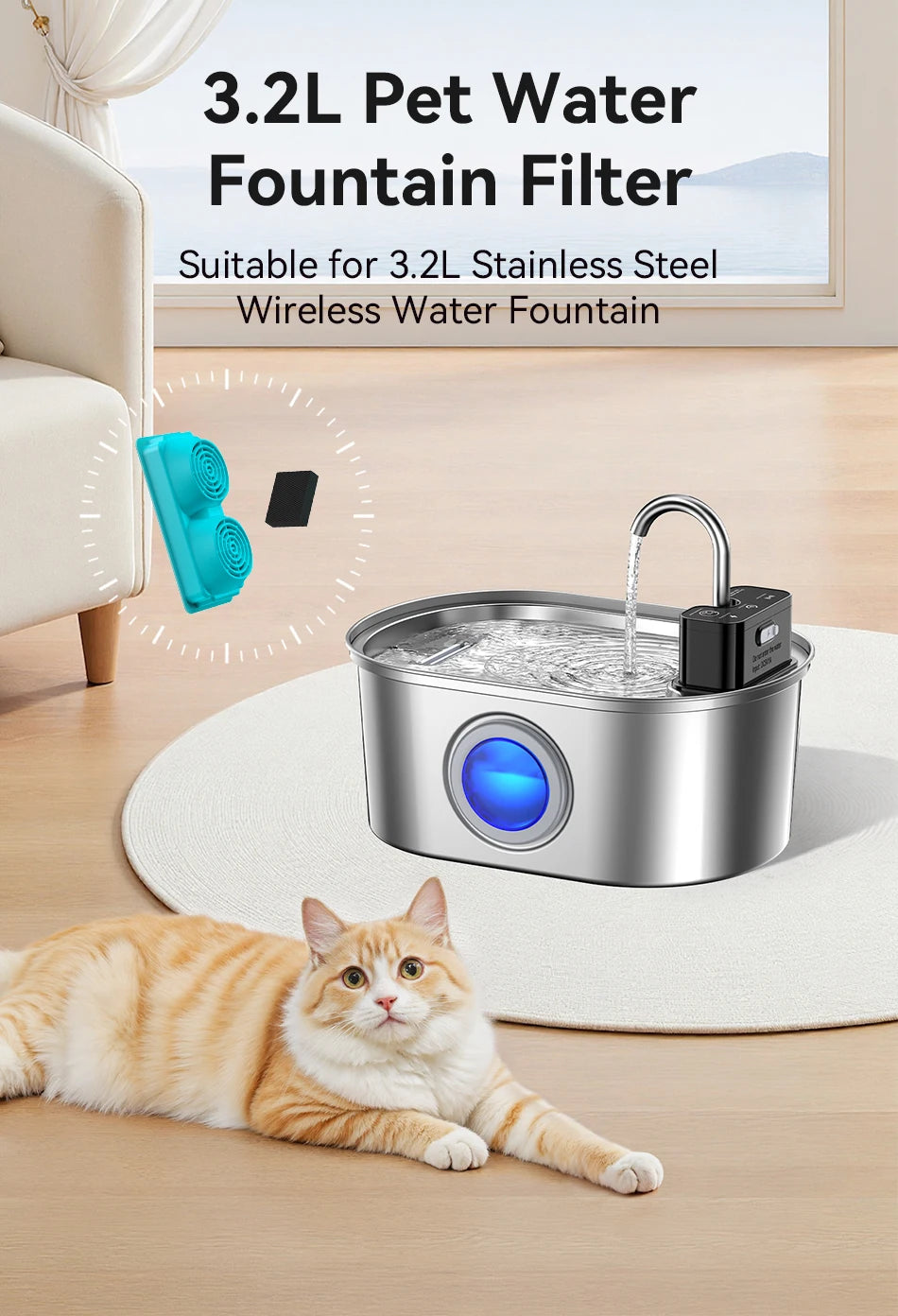 ROJECO 3.2L Stainless Steel Cat Fountain Replacement Filter image 7