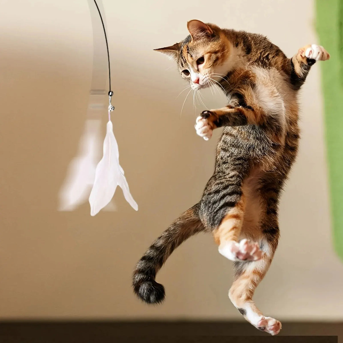 Interactive Cat Teaser Wand with Bell & Feather (Suction Base) - White