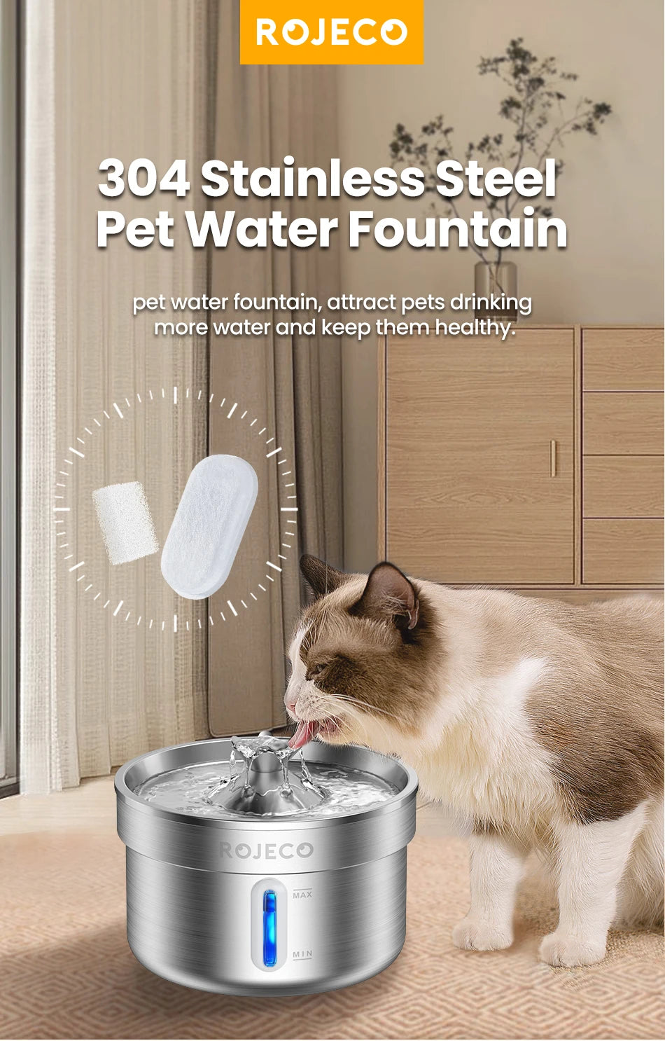 ROJECO 2L Stainless Steel Cat Fountain Replacement Filter image 7