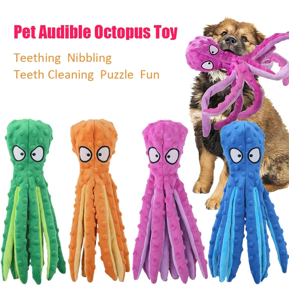 Octopus Squeaky Dog Toy - No Stuffing Crinkle Plush - Yellow