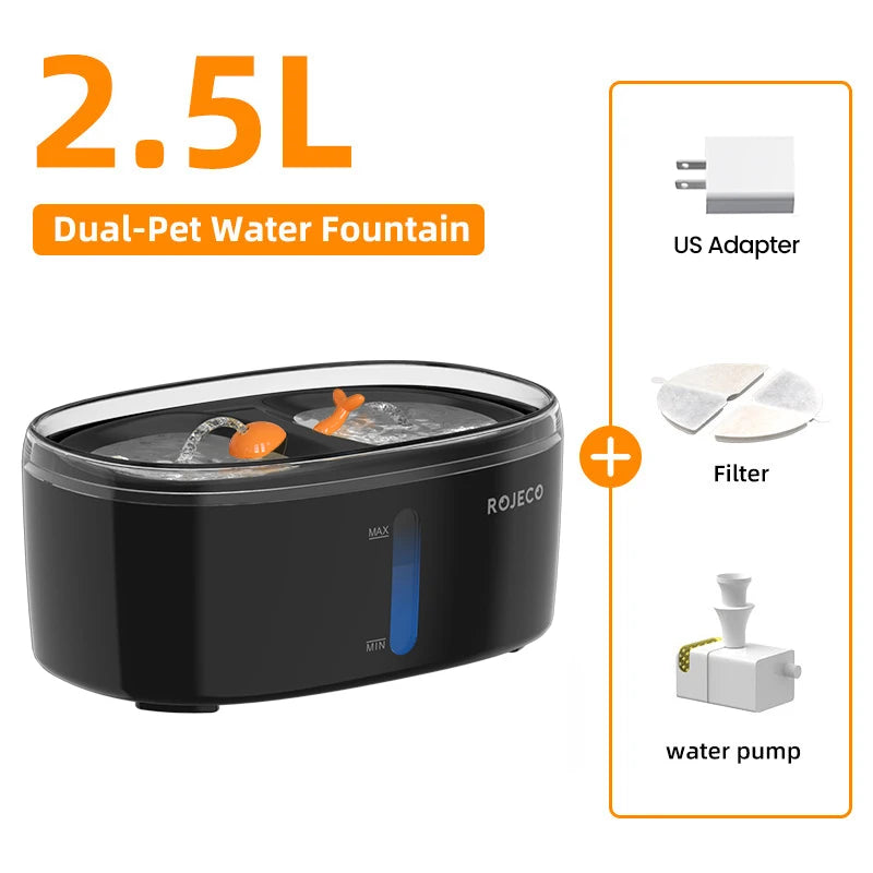 ROJECO Automatic Cat Water Fountain Dual bowls Wireless Pet
