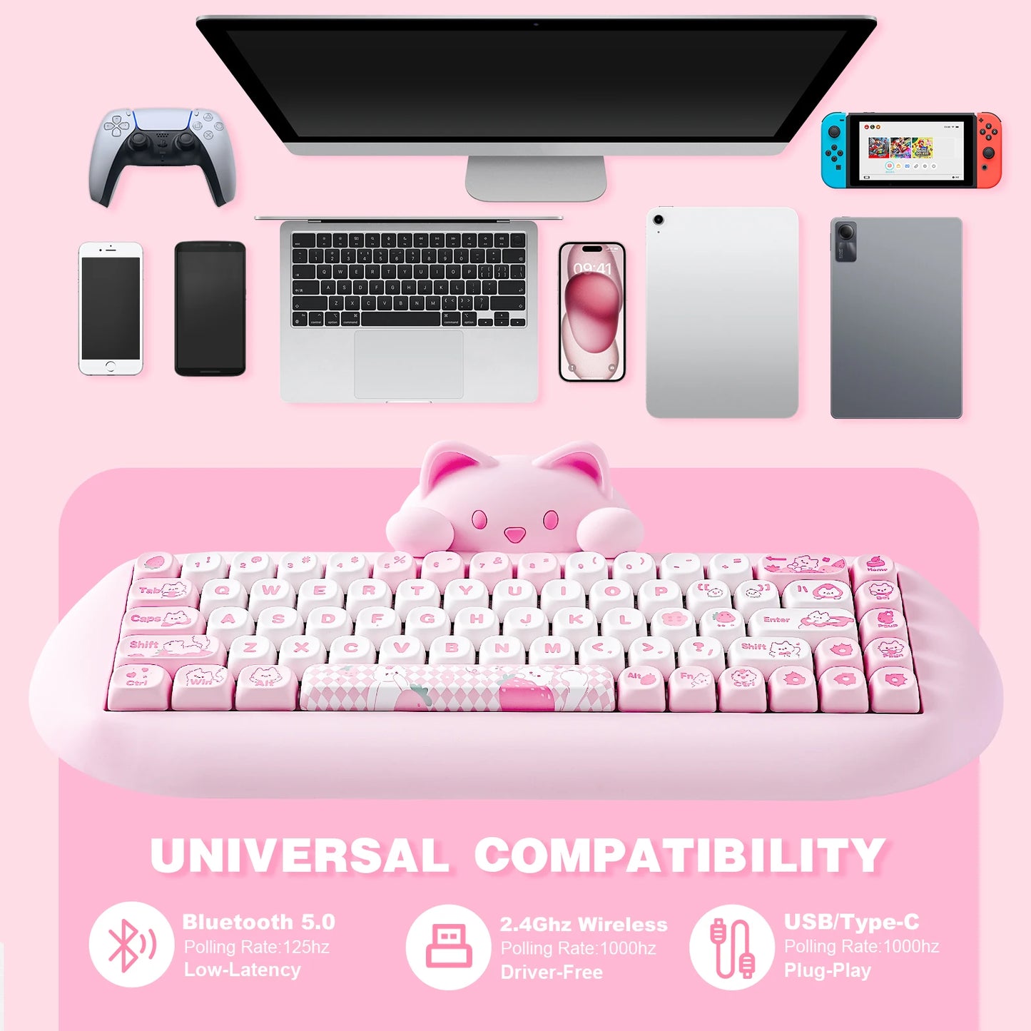 YUNZII C68 Wireless RGB Gaming Keyboard - Pink