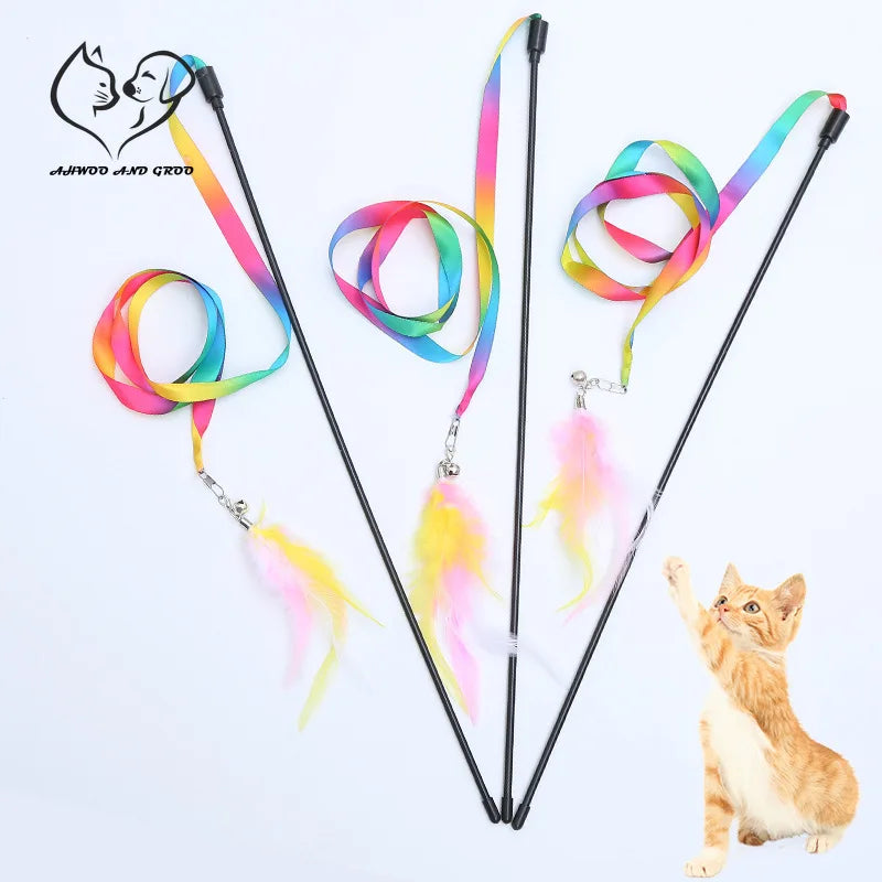 Simulation Feather Interactive Cat Toy Satin Ribbon Bell Cat - Multicolor