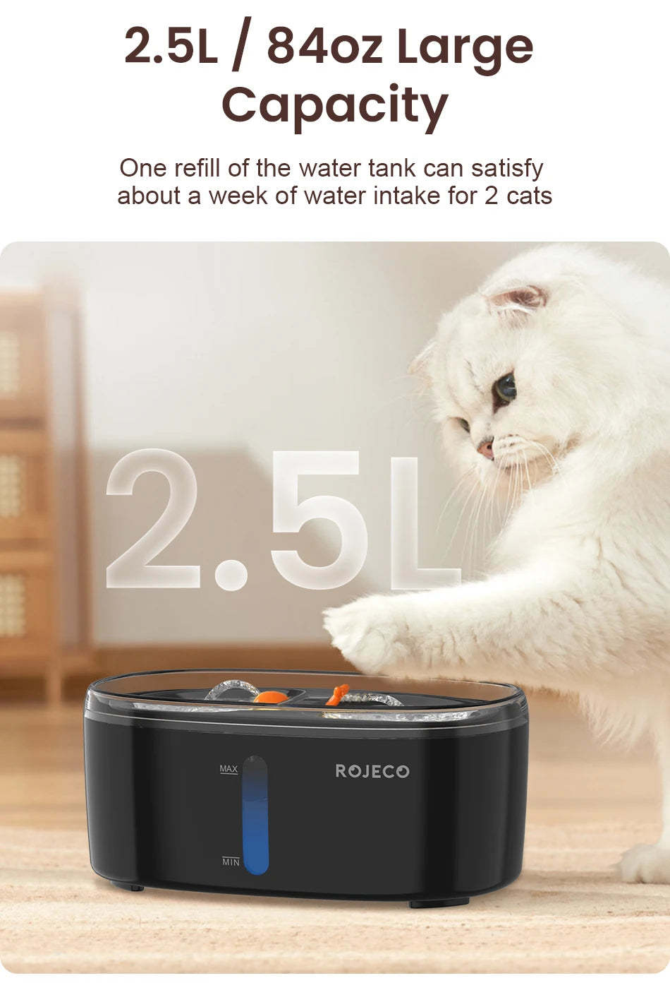 ROJECO Automatic Cat Water Fountain Dual bowls Wireless Pet