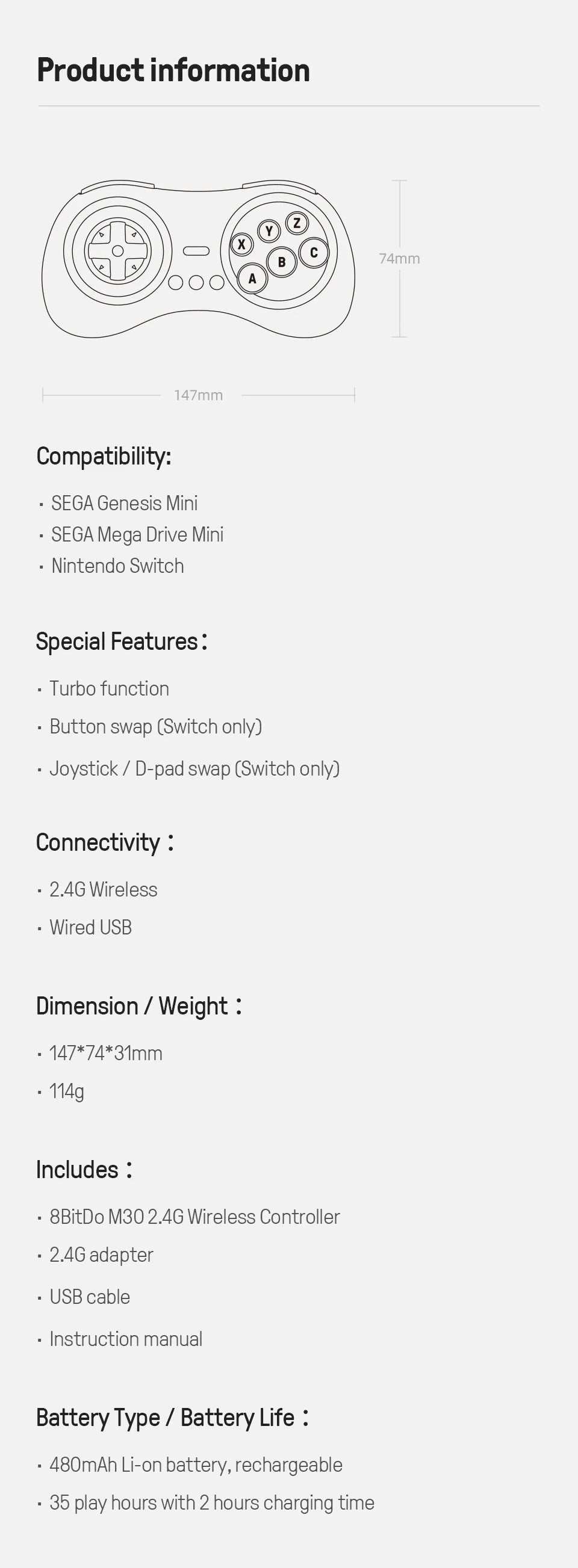 8BitDo M30 2.4G Wireless Gamepad for Sega Genesis image 12