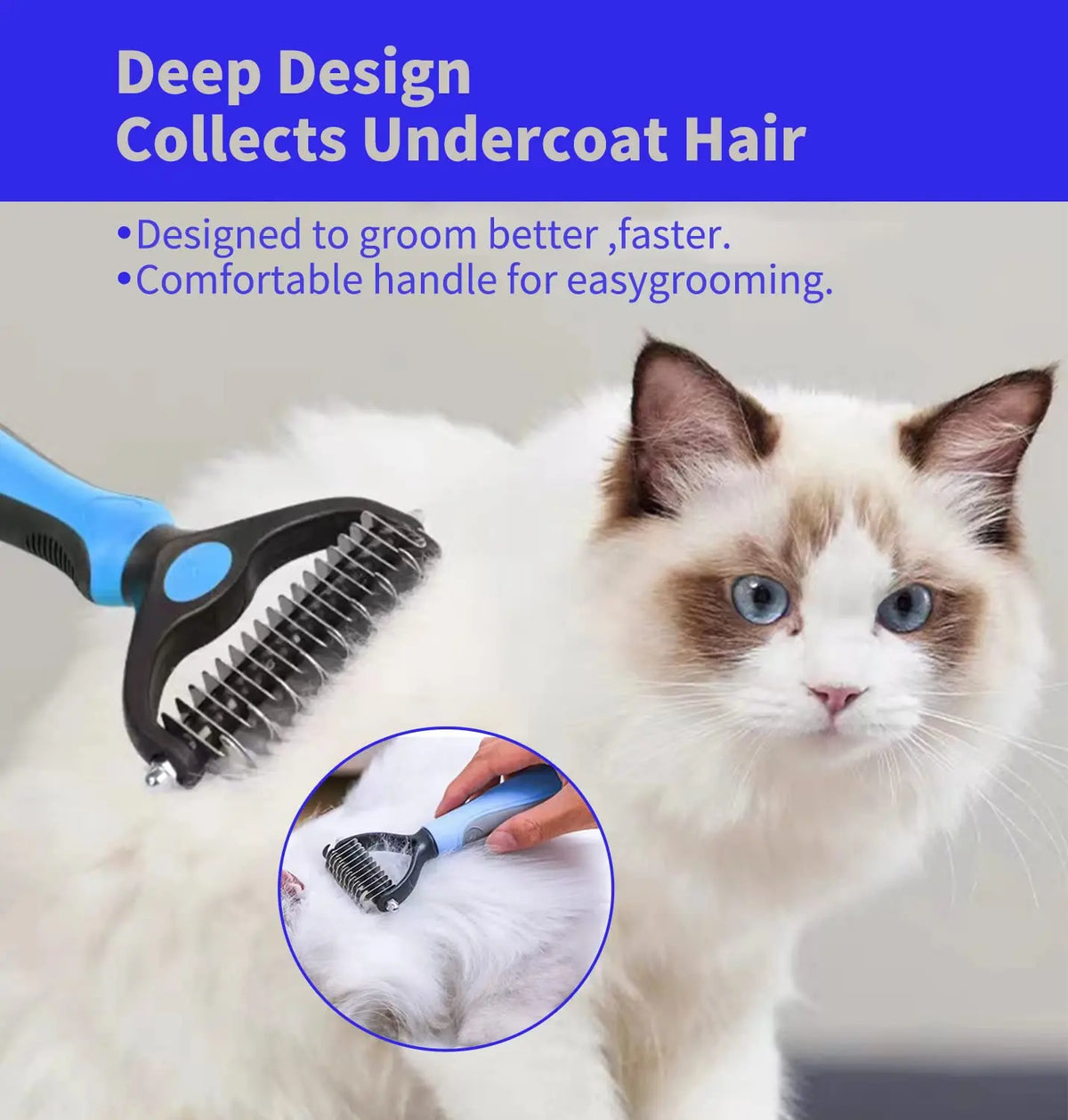 Professional Pet Deshedding Brush for Dogs & Cats - Blue