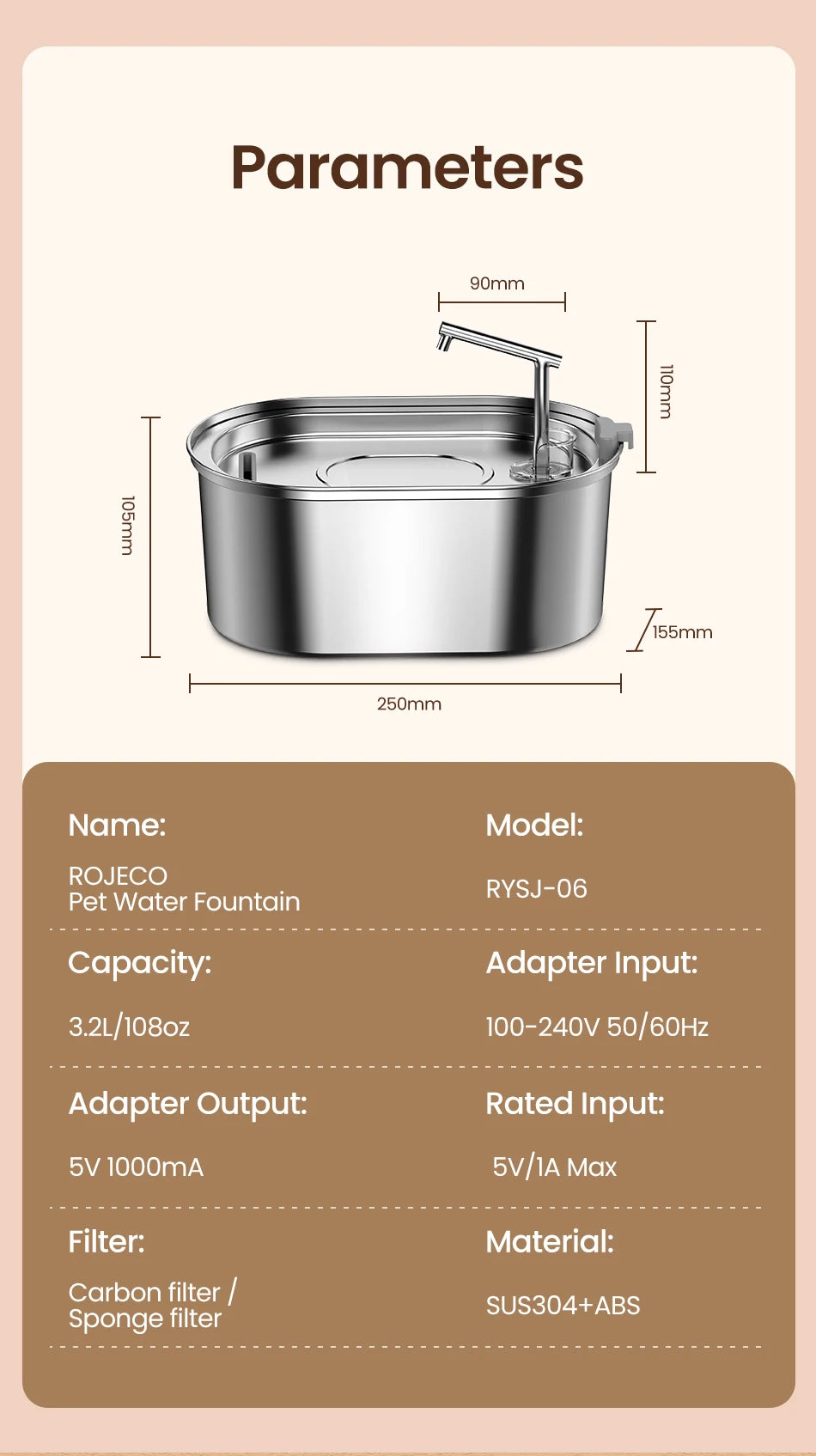 ROJECO Stainless Steel Automatic Cat Water Fountain image 19