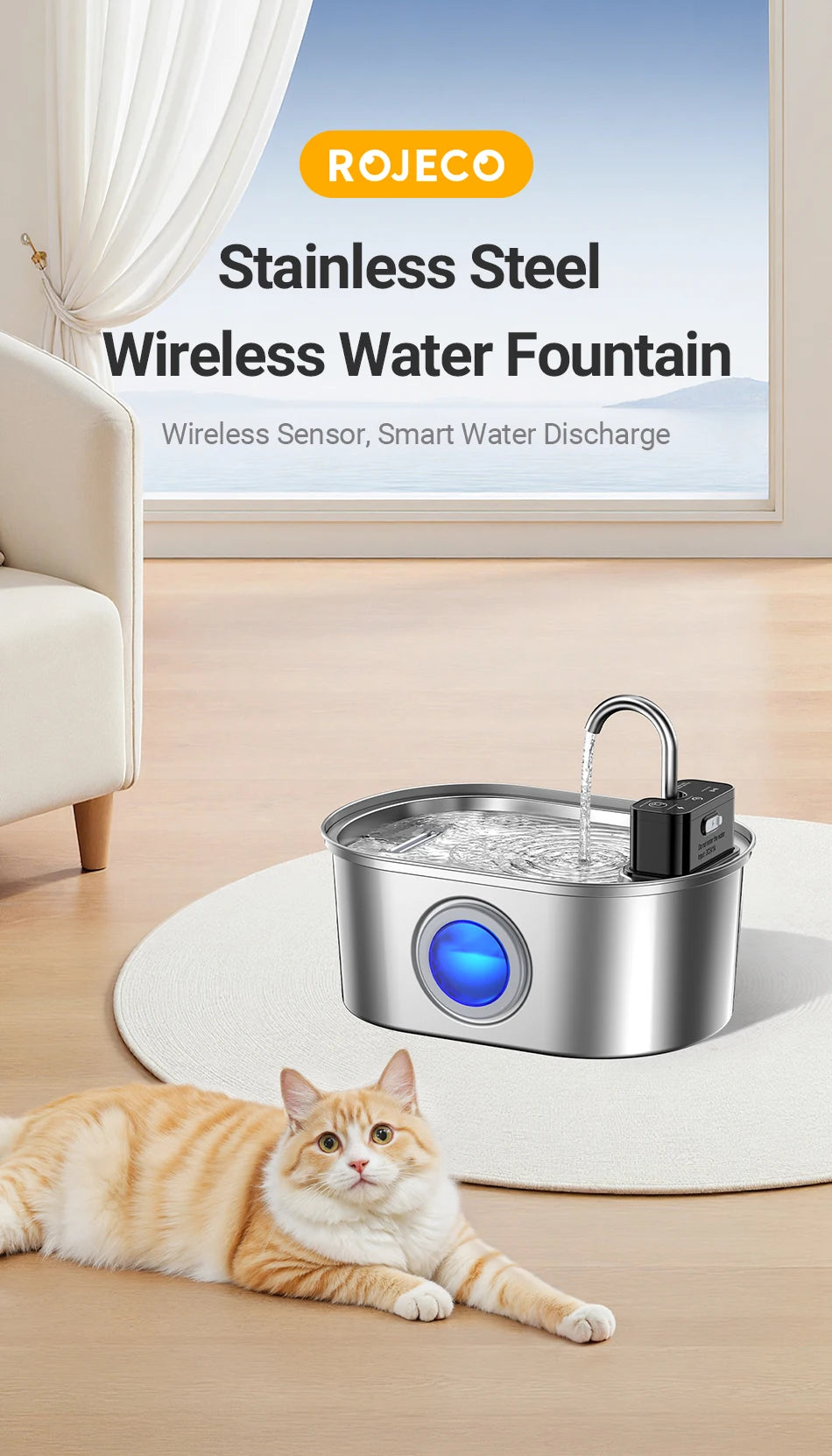 ROJECO Wireless Sensor Stainless Steel Cat Water Fountain image 7