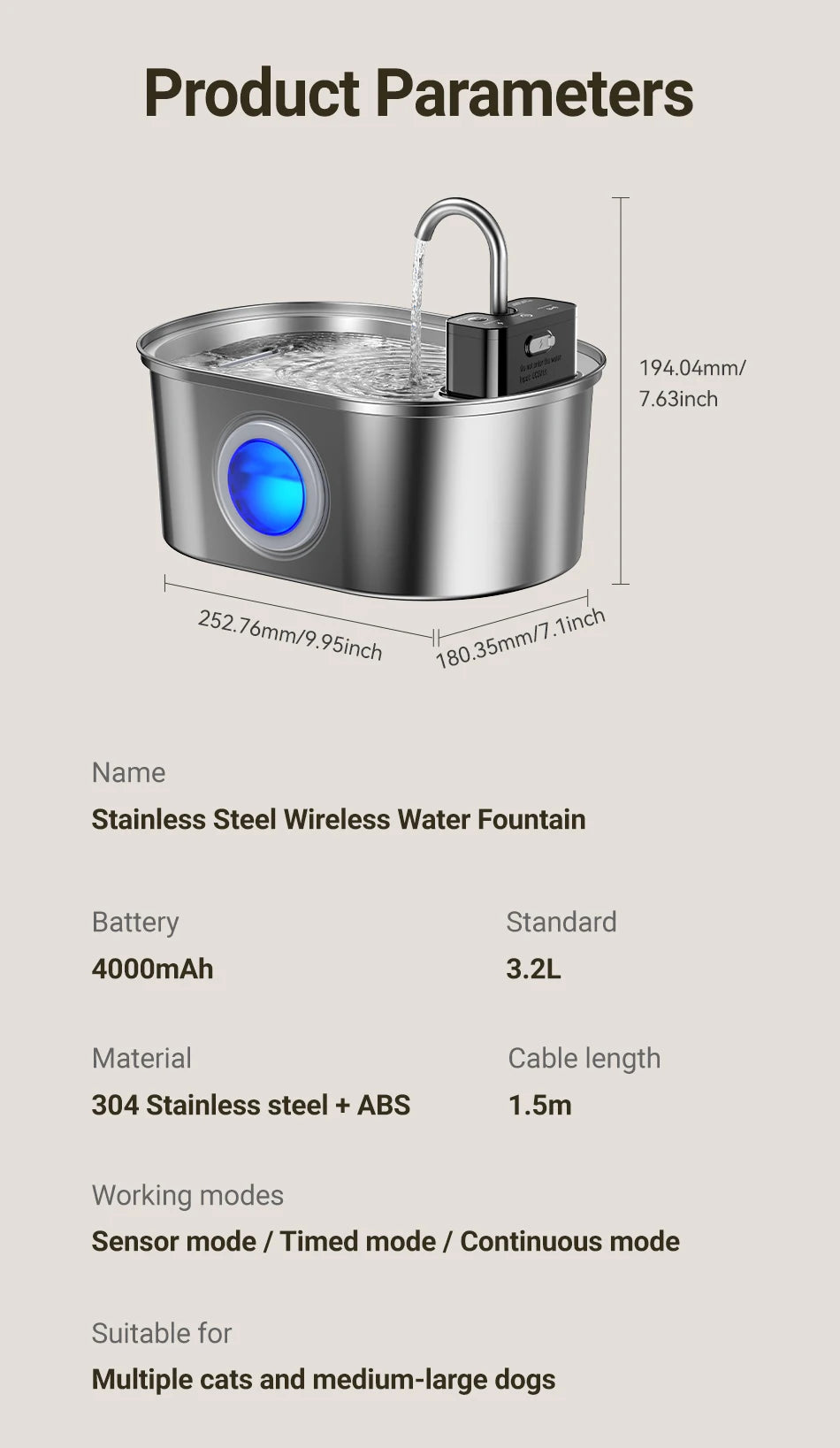 ROJECO Wireless Sensor Stainless Steel Cat Water Fountain image 24