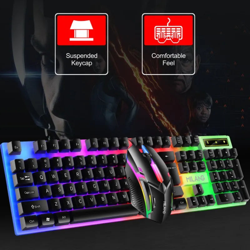 Rainbow Backlit Wired Keyboard and Mouse,Floating Keycap Strong - Black