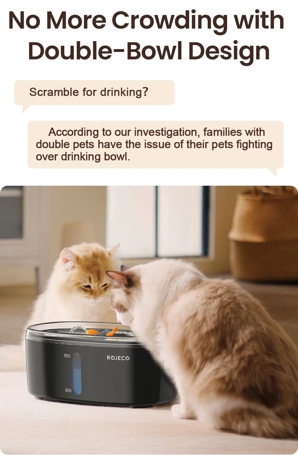 ROJECO Automatic Cat Water Fountain Dual bowls Wireless Pet