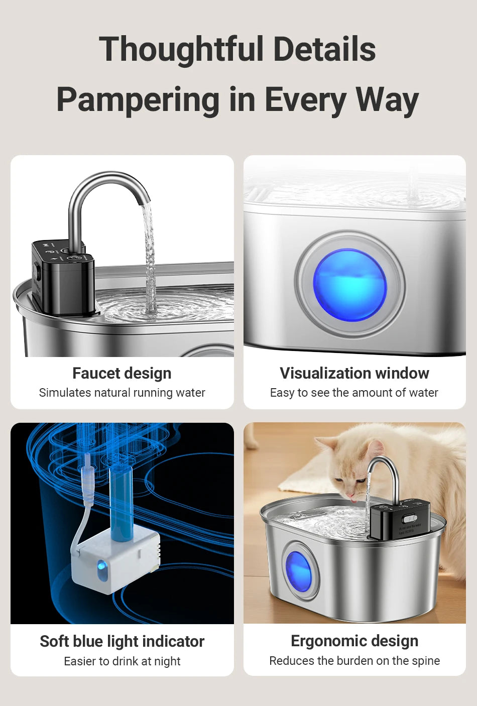 ROJECO Wireless Sensor Stainless Steel Cat Water Fountain image 23